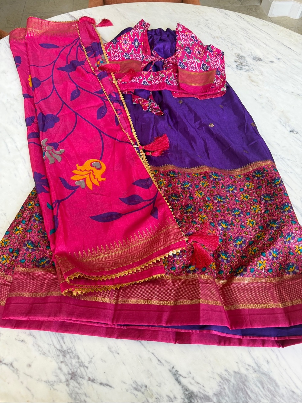 Purple and Fuchsia Floral Embroidered Women’s ghaghra choli/ lahenga